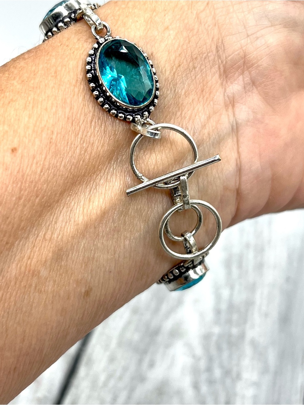 346. Blue Topaz Sterling 925 Link Bracelet - 7” to 7 3/4” - Picture 8 of 9